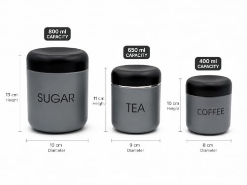 Premium Tea Sugar Coffee Canister Set of 3, Modern Grey Colour with Black Lids, Stainless Steel Matte Storage Jars, Ideal for Gifting, Dishwasher Safe